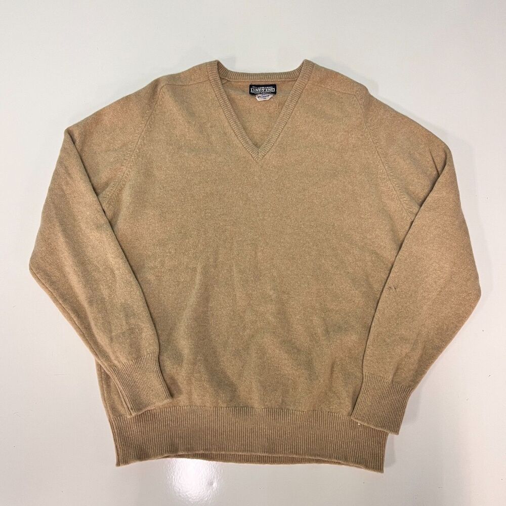 Vintage Lands' End Mens XL Lambswool V-Neck Sweater Tan Camel Made in England